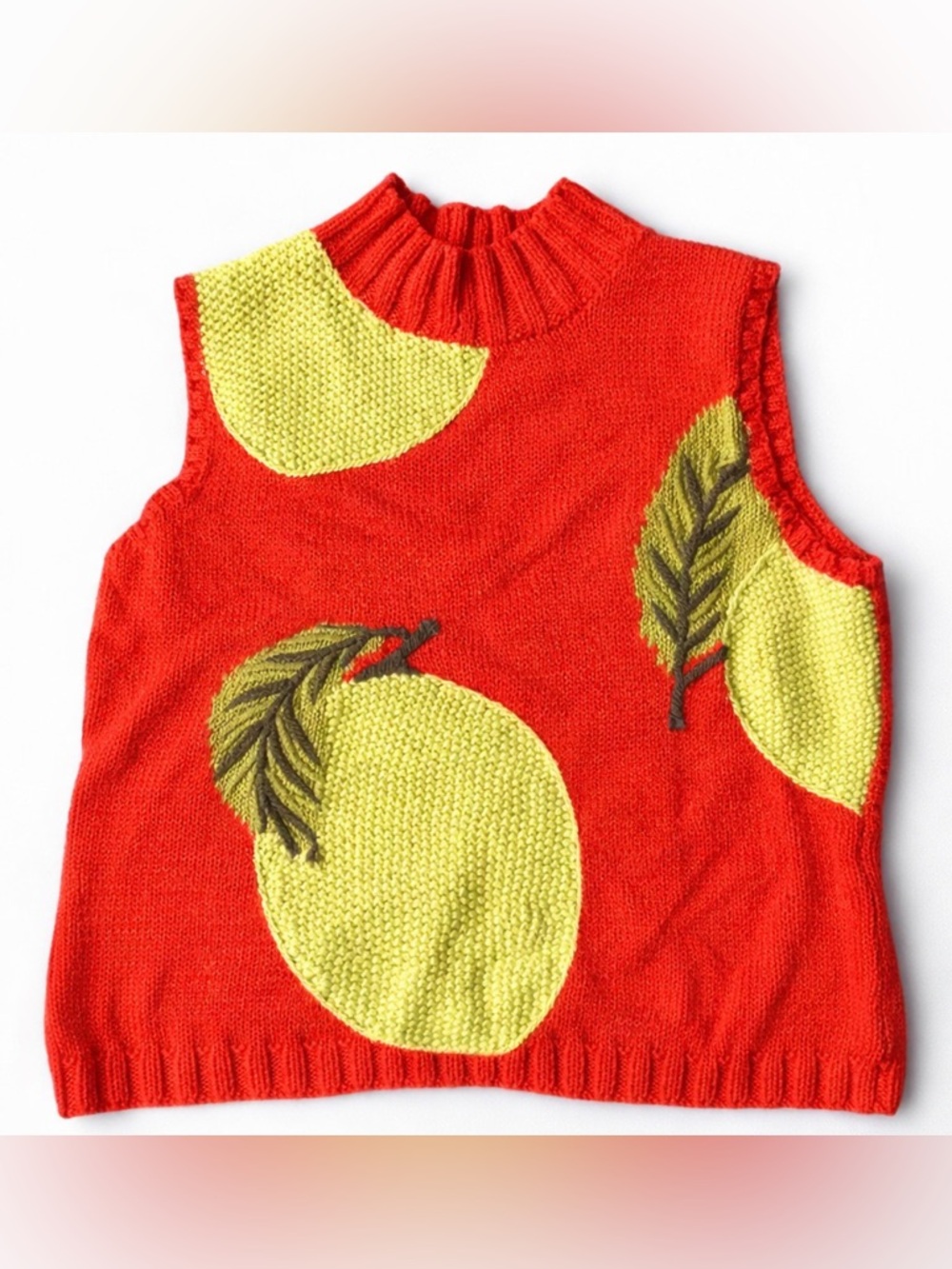 Vintage Fruit Knit Sweater Vest Lemon Pomelo Red Cottagecore Mock Neck Chunky LG